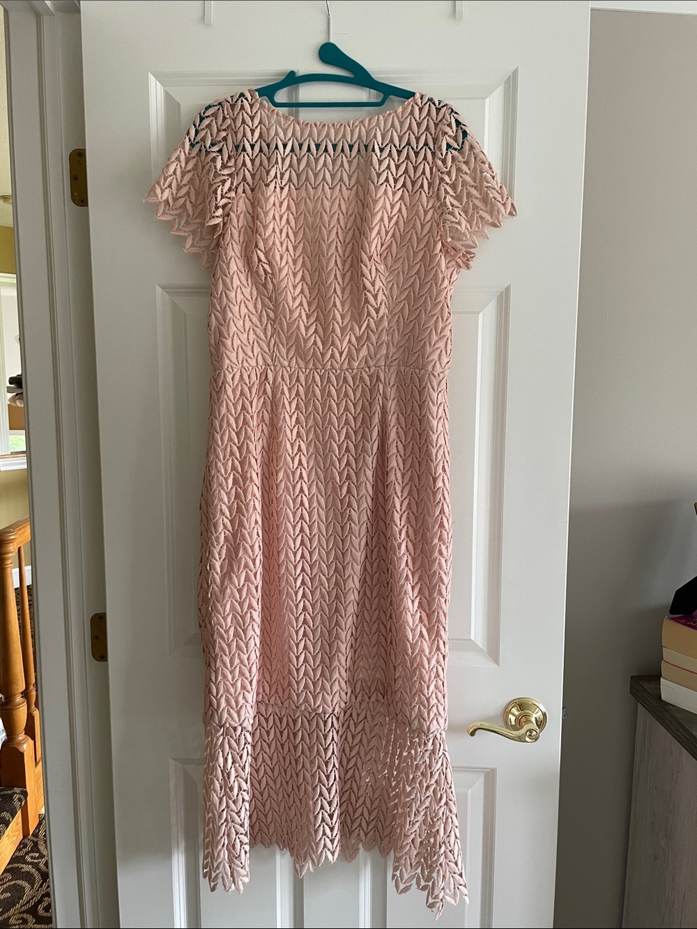 Kay Unger Blush Pink Lace Midi Dress with Scalloped Hem